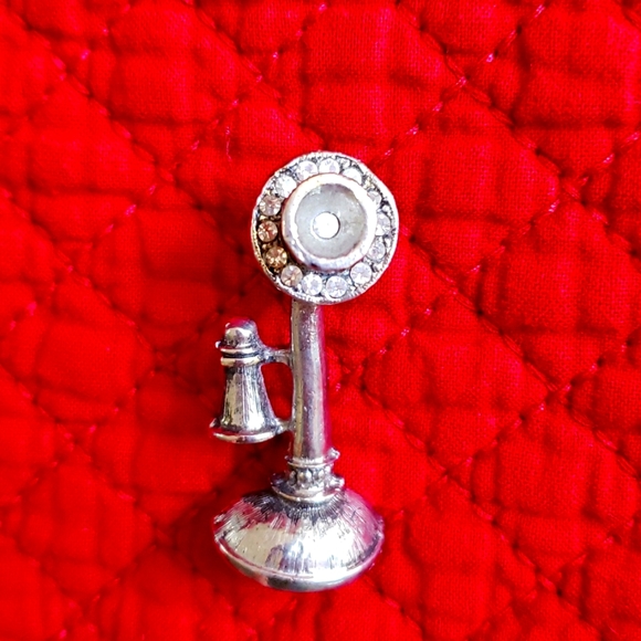 VINTAGE CANDLESTICK TELEPHONE SCATTER BROOCH w/ Diamante Rhinestones EUC - Picture 3 of 11